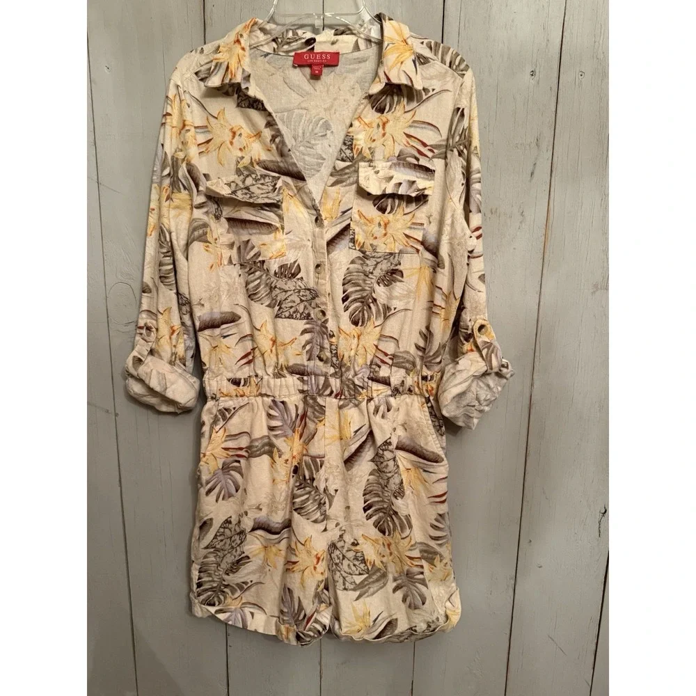 Guess‎ Floral Linen Blend Vintage Romper Size Med Beach Vibe Stunning